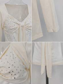 Minimalist Sexy Square Neck Rhinestone Bow Long Sleeve T-Shirt Women Early Spring Hot Girl Sweet Cool Slim Fit Flattering Base Layer Top - Apricot - View 11