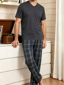 Men's Summer Pajama Set, Round Neck Solid Color Short Sleeve Top And Plaid Long Pants Loungewear - Multicolor - View 3
