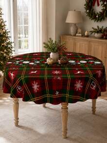 1pc Christmas Plaid Tablecloth, Classic Polyester Rectangular Tablecloth, Printed With Greenery Wreath, Red Berries, Decorative Balls And Snowflake Patterns, Suitable For Kitchen Decor, Wedding, Home Decor, Room Decor, Christmas Home Decor And Classroom Decor - Multicolor - View 6