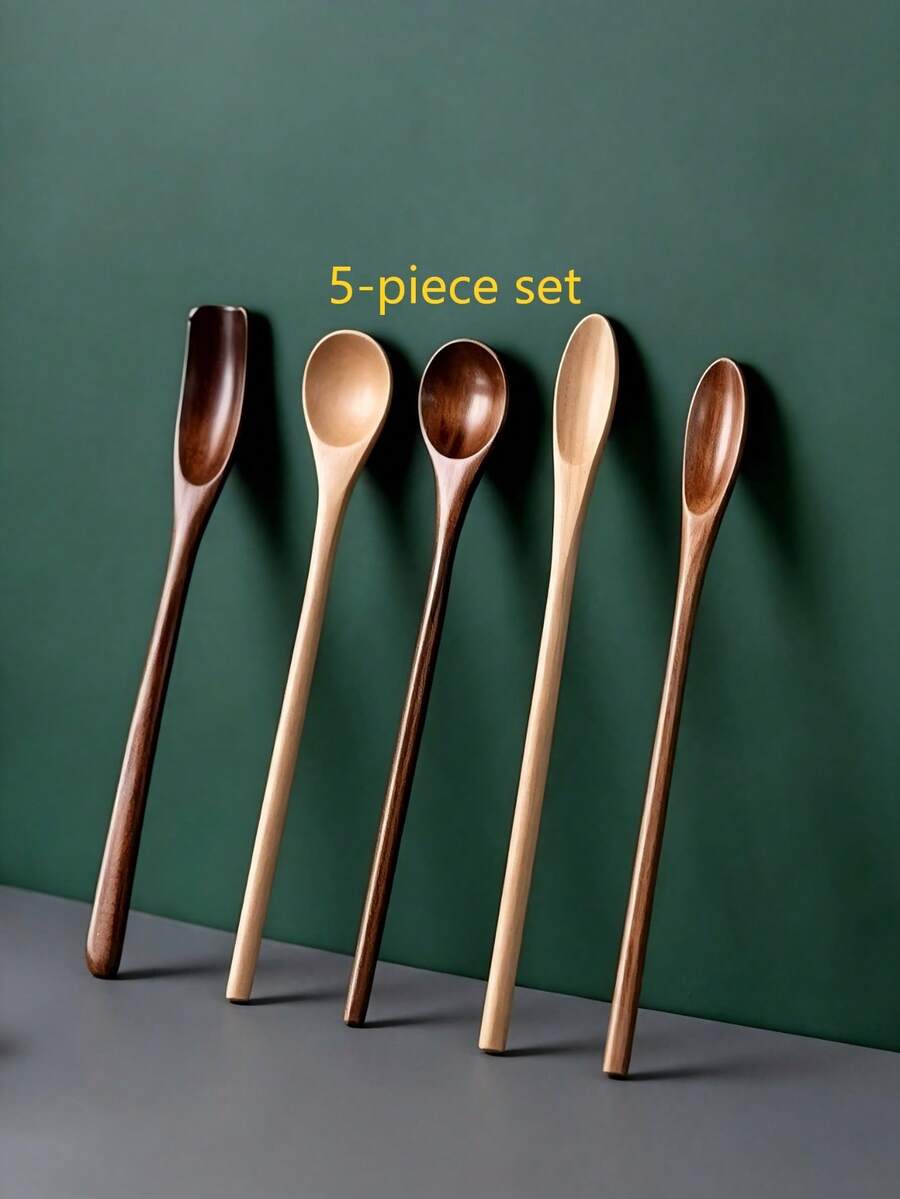 5pcs Long Handle Coffee Spoons, 7.8 Inch Wooden Coffee Spoons, Long Handle Stirring Spoons, Tea Spoons, Ice Cream Spoons, Unique Style Long Handle Spoons, Premium Wood, Long Spoons For Stirring, Suitable For Weddings, Gift Baskets