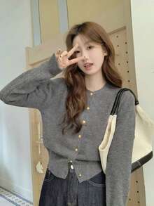 Women's Solid Color Round Neck Single-Breasted Knit Cardigan, Versatile Long Sleeve Top For Autumn/Winter - Grey - View 3