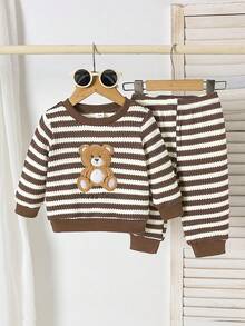Unisex Baby 2 Pieces Outfit Set, Autumn/Winter Waffle Knit Striped Matching Set, Cartoon Teddy Bear Embroidered Long Sleeve Top & Elastic Waist Long Pants, Comfortable - Brown - View 4