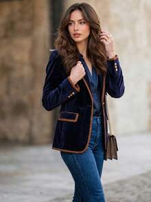 Elegant Women's Velvet Jacket - Sleeves, Button Front, Solid Color, Polyester Fabric Outerwear, Suitable For Spring And Autumn - Royal Blue - View 5