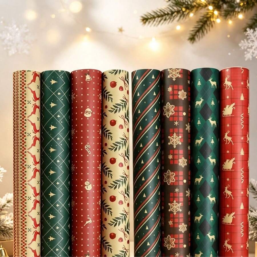 34/68/106pcs Christmas Gift Wrapping Paper(Includes Stickers), Cute Santa Claus Christmas Hat Christmas Snowman Wrapping Paper,Various Patterns - Style D - View 1