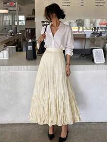 Women's Popular New Arrival Linen Bohemian Style Relaxed Pleated Ruched Midi Skirt - Apricot - View 1