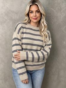 Sweater Rajut Bergaris Ukuran Besar untuk Wanita, Atasan Lengan Panjang Nyaman dengan Leher Bulat dan Bahu Longgar untuk Musim Gugur dan Musim Dingin - Aprikot - View 6
