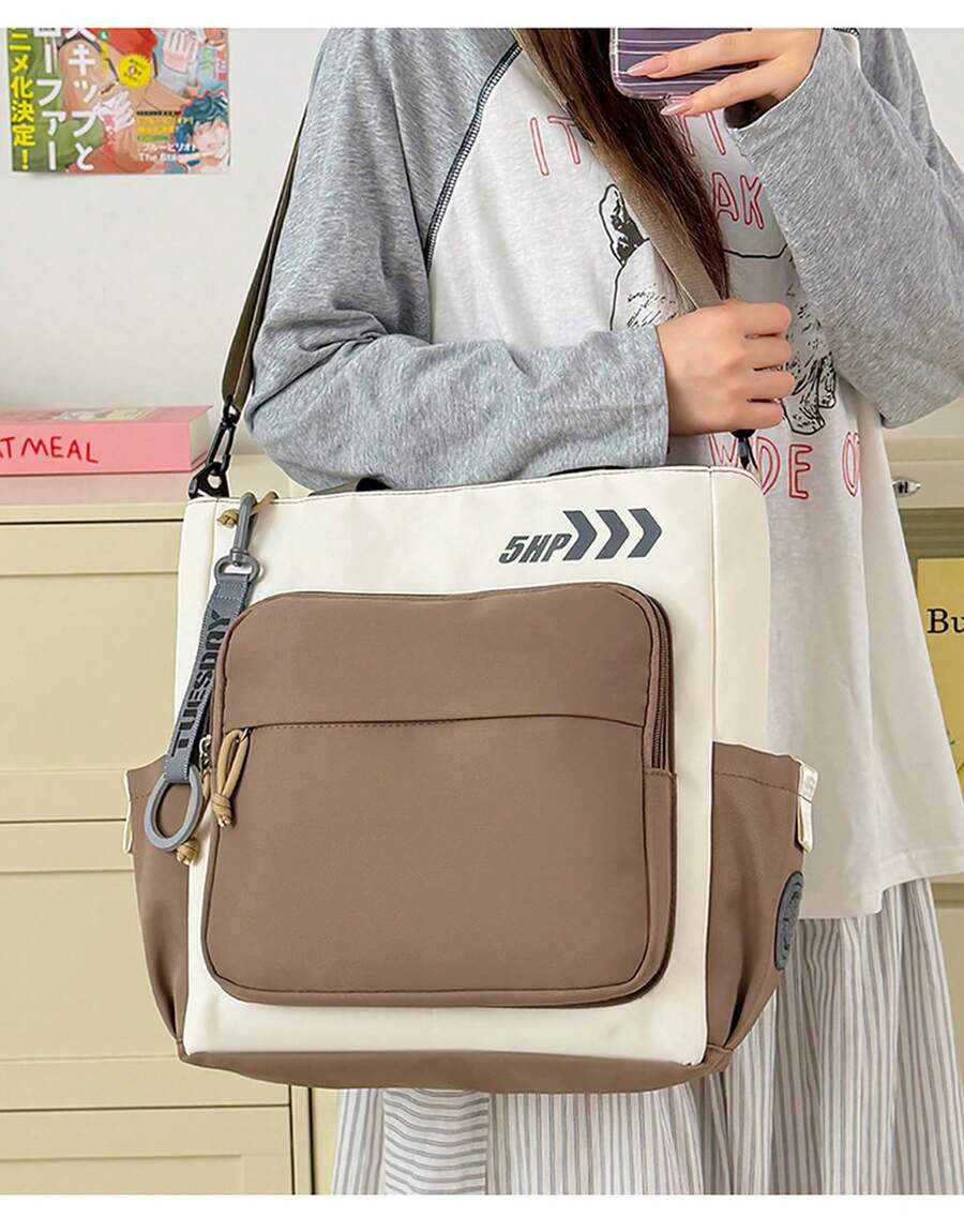 1 Stück künstlerische Canvas‑Schultertasche mit Cartoon‑Motiv, großes Fassungsvermögen, Mehrfach‑Fächer, Aktentasche für Schulunterlagen - Khaki - Übersicht 1