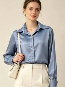 Women's Long Sleeve Shirt - 霧霾藍 - 查看 1