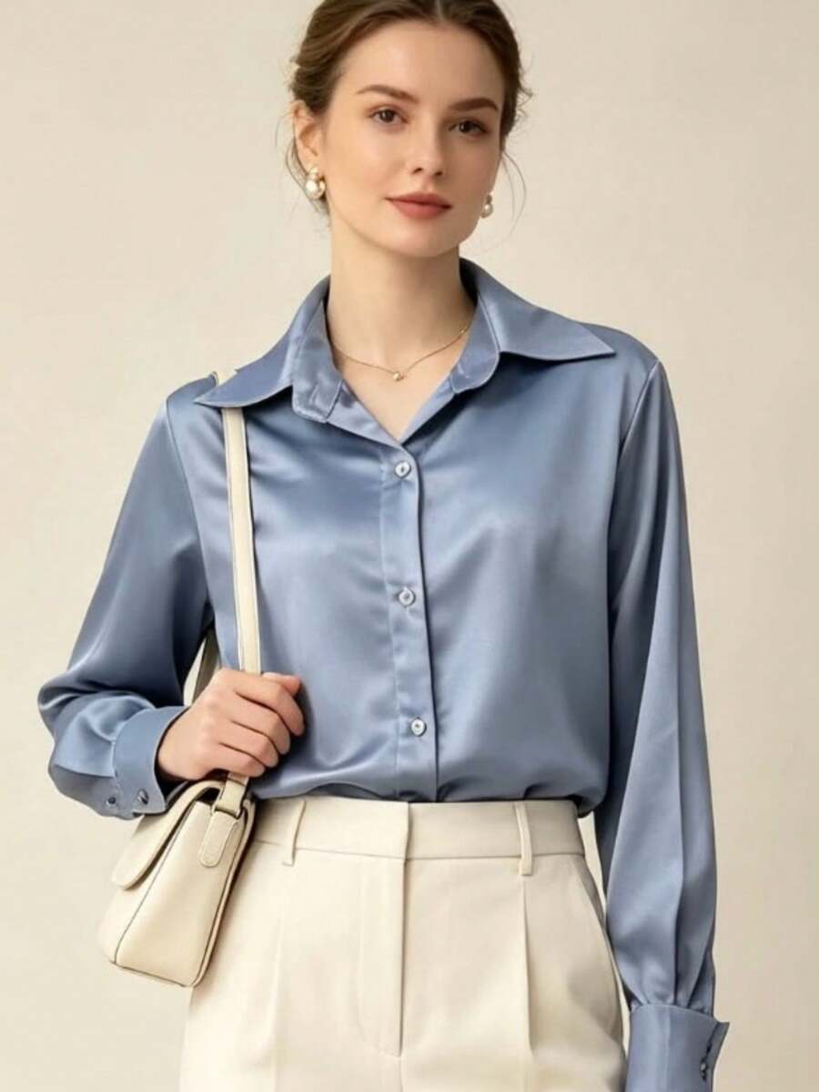 Women's Long Sleeve Shirt - 霧霾藍 - 查看 1