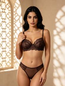 Temptuelle 1 Set Women's Solid Color Lace Comfortable Sexy Lingerie Set - Chocolate Brown - View 4
