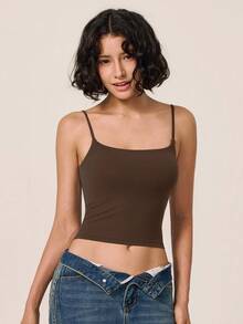 TimeOff Women's 1pc Solid Color Spaghetti Strap Backless Padded Cropped Tank Top For Outdoor Running And Fitness - Mocha Brown - View 10