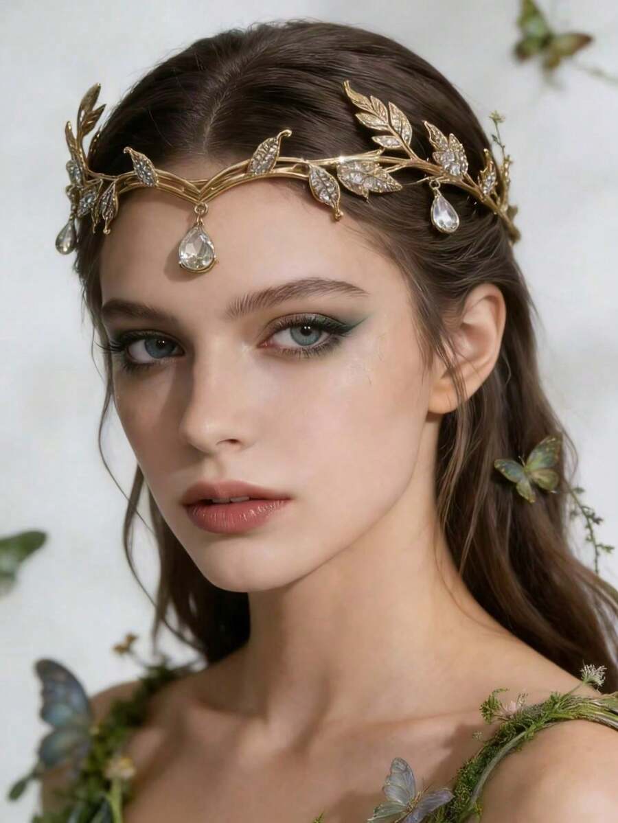 Diamond-Encrusted Crystal Leaf Crown Headband, Vintage Fairy Princess Style Jewelry, Suitable For Bride Wedding Wear - Multicolor - View 1