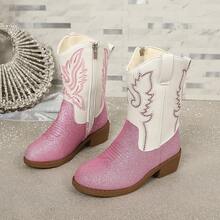 Girls' Glitter Embroidered Patchwork Western Cowboy Boots - Pink - View 12
