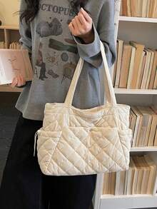 鑽石絎縫刺繡裝飾大容量多口袋收納托特包，適合學生與年輕上班族，適用日常通勤、上課、外出與購物，可輕鬆收納各種個人物品，慵懶氛圍感 - 米色 - 查看 8