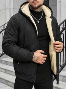 Men's Winter Casual Versatile Thermal Lined Thick Hooded Lamb Wool Lining Padded Coat - Black - View 2