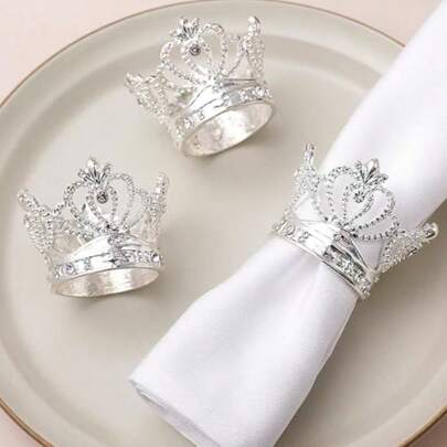 3788- Juego de 6 Anillos para Servilletas con Corona Plateada, Strass y Perlas, Decoración para Mesa de Boda, Fiesta de Cumpleaños, Aniversario y Cena