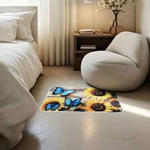 1pc Sunflower Blue Butterfly Faux Cashmere Bedside Rug, Nordic Pastoral Style Rectangular Carpet, Soft Quiet No Shedding, Suitable For Living Room Bedside Closet Study Desk Multi-Scene Versatile, All Season Use - Multicolor - View 6