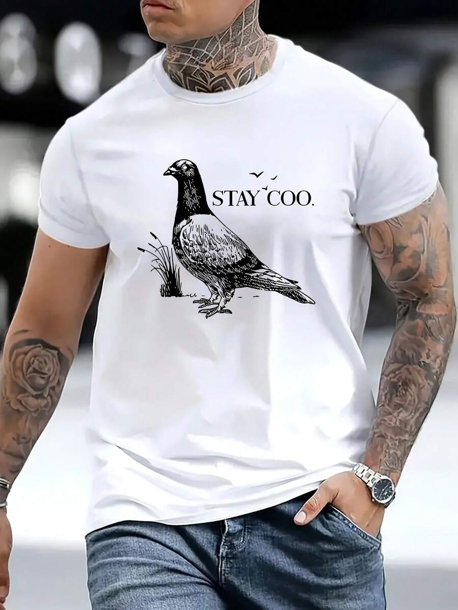 Stay Cool" Graphic Tee for Men - Comfortable Polyester, Round Neck, Regular Fit, Perfect for Summer & Casual attire - Weiss - Übersicht 1