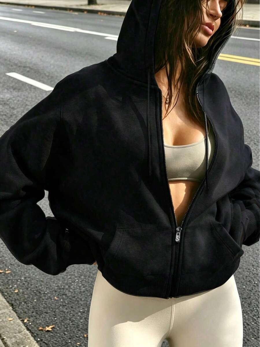 (春秋季)女式时尚运动休闲户外运动健身跑步连帽外套,女友风纯色连帽长袖抽绳防风外套户外健身运动时尚连帽衫黑色运动款 - 黑色 - 查看 1
