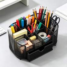 Metal Multi-Function Pen Holder Mesh Pen Holder With Drawer Pen Holder Desktop Stationery Storage Box Iron Art Storage Rack Multi-Compartment Pen Holder Office Desktop Organizer Student Desk Storage, Paper Clip Memo Storage, Office Supplies Organizer Box - A - View 1