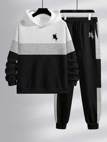 Youth Boy Letter Print Warm Hoodie And Pants Set - Black - View 3