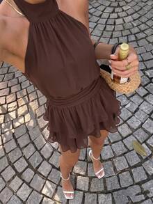 Elegant Fashion Brown Halter Neck Backless Layered Ruffle Mini Dress - Wedding Party - Brown - View 8