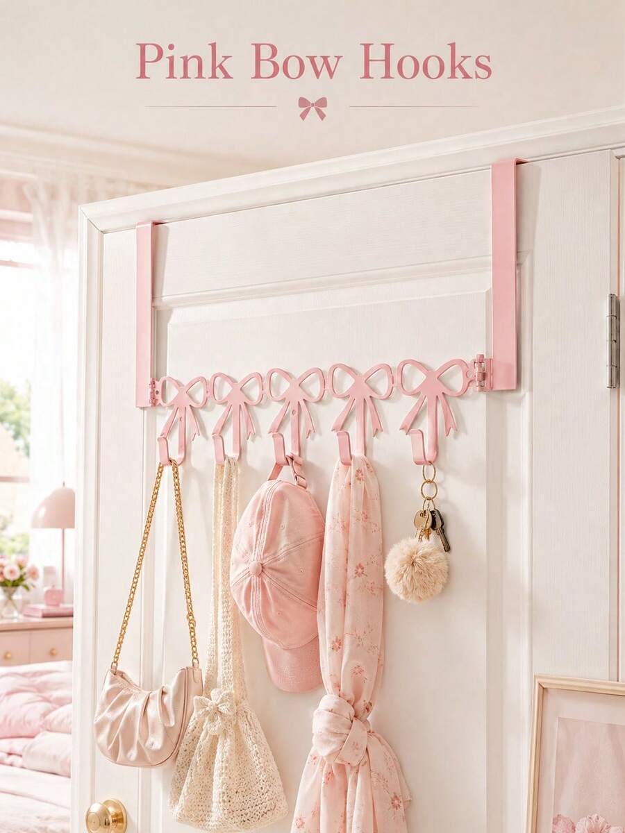 Pink Bow-Shaped Metal Hook, Designed For Hanging Behind Doors, Suitable For Girls' Room, Space-Saving And Decorative Multi-Purpose Hook - Multicolor - View 1