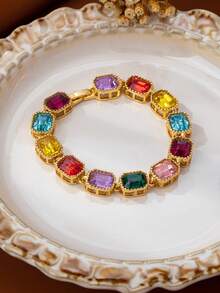 1pc European And American Fashion New Luxury Niche Colorful Gemstone Design Versatile Exquisite Elegant Bracelet - Multicolor - View 7