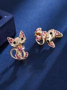 1 Pair Creative Cat Shaped Copper Material Zirconia Inlaid Women's Earrings, Daily Commute, Party, Gathering Accessories - Earrings - View 7