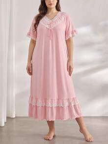 Elegant Plus Size Long Nightgown With Ruffle Hem, Floral Lace Patchwork, Bow V-Neck Design, Comfortable Casual Loose Breathable Sleepwear, Suitable For All Seasons - Pink - View 5