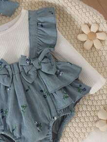 1pc Baby Girl Cute Sweet Comfortable Ribbed & Corduroy Patchwork Printed Romper With Headband, Thin Spring/Autumn Forest Style - Dusty Blue - View 4