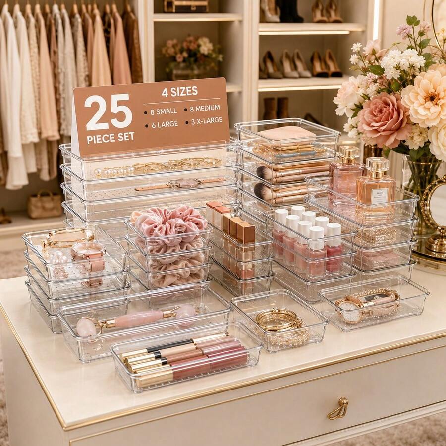 Drawer Organizer Set 25 PCS Transparent Plastic Trays, Stackable Storage Bins With Custom Layout Function, Multi Purpose Organizer For Makeup Brushes Lipsticks Jewelry Kitchen Accessories Bathroom Supplies And Desk Items - Clear - View 1