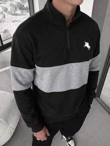 Men's Black & Grey Horizontal Striped Colorblock Half-Zip Sweatshirt, Small Horse Rider Logo Print On Chest, Dropped Shoulder, Casual Pullover Sweatshirt For Autumn/Winter/Spring - Black - View 4