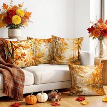 4pcs Autumn Landscape Decorative Pillow Covers, Watercolor Birch Forest Maple Leaf Lake Path Print Pattern, Single-Sided Printed Pillow Covers/Cushion Covers, Multi-Scene Atmosphere Decorative Pillow Covers Suitable For Living Room Sofa Bedroom, Pillow Inserts Not Included - Multicolor - View 6
