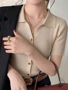 Fashionable Polo Collar Raglan Short Sleeve Knit T-Shirt For Women, Spring/Summer New Lightweight Casual Cardigan Top Fall - Light Khaki - View 3