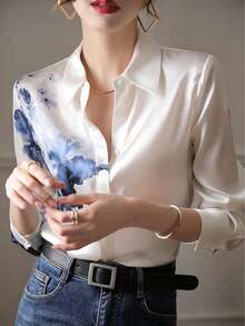 YUXIN Women's Elegant Printed Shirt, Collared Long Sleeve Button Front Regular Fit Polyester Blouse, Autumn Fashion - Blue and White - View 3