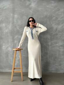 Women's Denim And Button Detailed Stylish Dress - Beige - View 3