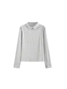 韓式條紋高領長袖女款 T-shirt 冬季保暖層次穿搭彈性修身內搭底層 - 淺灰色 - 查看 8