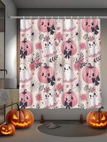 1/4pcs Halloween Pink Cute Ghost Pumpkin Shower Curtain Set, With 12 Hooks Waterproof Polyester Shower Curtain, Bathroom Curtain, Privacy, Thickened, Durable Quick Dry, 180*180cm Size, Halloween Thanksgiving Autumn Harvest Bathroom Decor - A - View 20