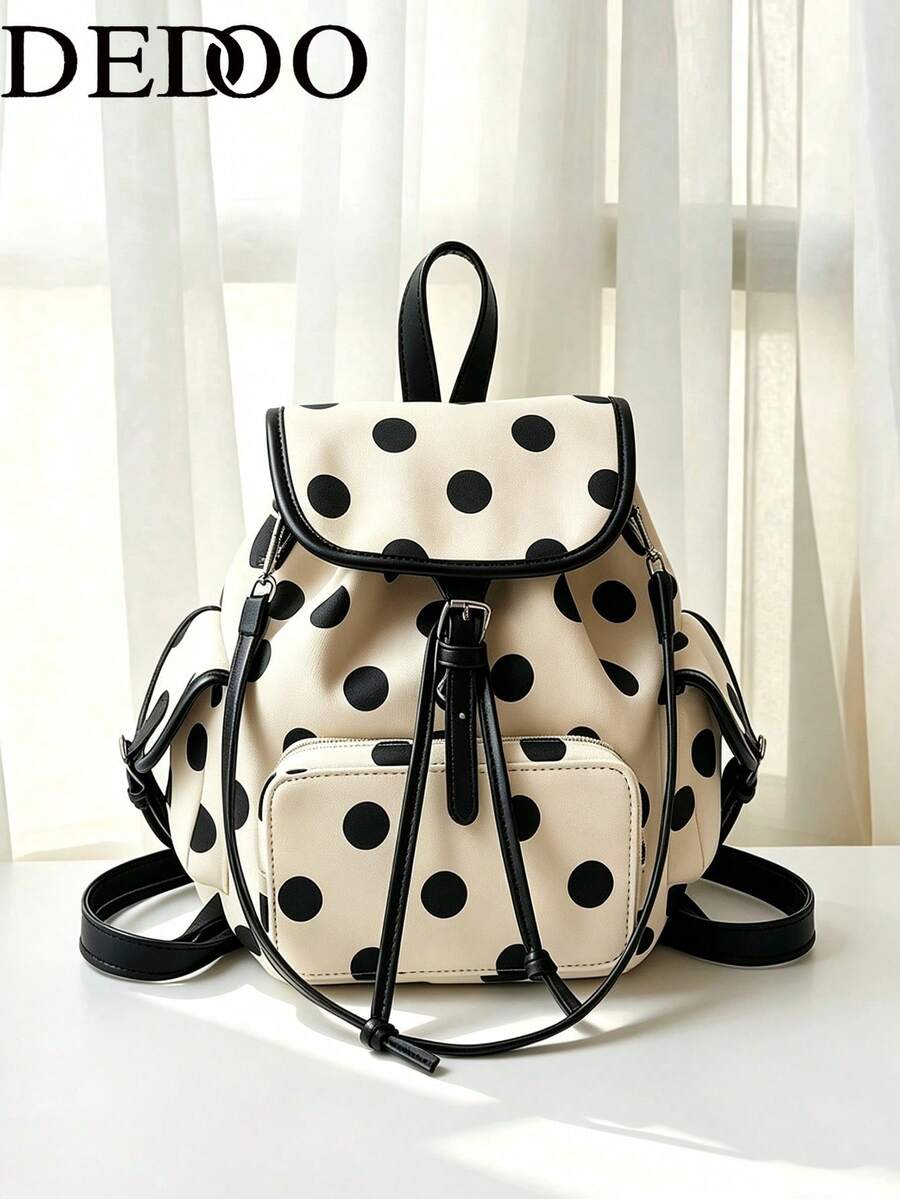 Dedoo Drawstring Flap Backpack With Polka Dot Print Decoration, Multiple Pockets, Large Capacity, Student School Bag, Minimalist Korean Style Campus Backpack