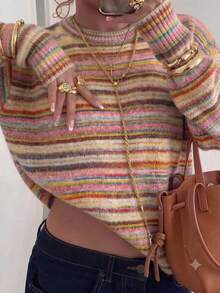 Women's Fashion Striped Colorful Crew Neck Knit Sweater - Multicolor - View 1