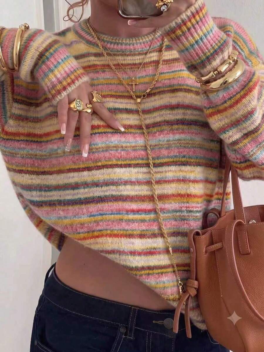 Women's Fashion Striped Colorful Crew Neck Knit Sweater - Multicolor - View 1