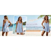 Women Athletic Mini Dresses Built-In Shorts Set Summer Sleeveless Sundress Hot Shot Mini Dress - 卡其色 - 查看 8
