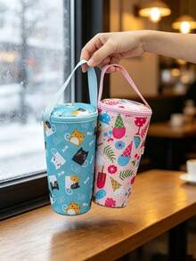 1pc/6pcs Cute Cartoon Print Cylindrical Storage Bag, Zipper Closure Portable Handbag, Multi-Functional Round Storage Bag, Lightweight Water Bottle Sleeve, Suitable For Water Bottles And Milk Tea Cups, Ideal For Outdoor Travel, Shopping And Daily Use - Multicolor - View 10