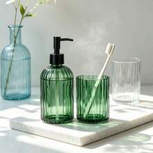 3pcs Army Green Striped Bathroom Set, Including Dispenser Bottles, Rinse Cup, And Tray - Army Green Three-piece Set - View 6
