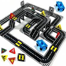 Magnetic Building Blocks Road Set With Cars, Suitable For 4-8 Years Old Children, 6 Cars, Traffic Lights And Road Signs, STEM Educational Building Toy, Suitable For 3-5 Years Old, 4-8 Years Old, 5-7 Years Old Boys And Girls, Expandable Magnetic Assembly - Multicolor - View 1