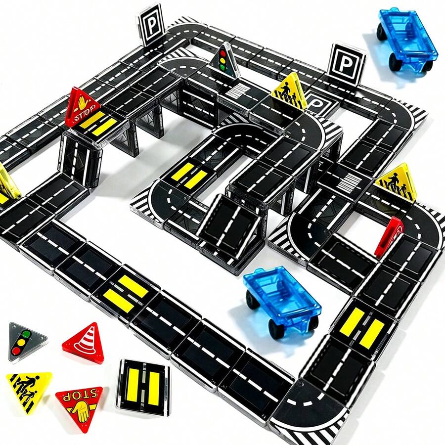 Magnetic Building Blocks Road Set With Cars, Suitable For 4-8 Years Old Children, 6 Cars, Traffic Lights And Road Signs, STEM Educational Building Toy, Suitable For 3-5 Years Old, 4-8 Years Old, 5-7 Years Old Boys And Girls, Expandable Magnetic Assembly - Multicolor - View 1
