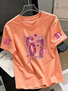 青少年女孩 Coquette 風格橘色 T 恤，亮面「67」數字與愛心印花休閒短袖上衣，可愛 Y2K 夏季街頭風上衣 - 橘色 - 查看 2