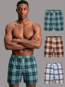 VeloEdit 3pcs/Pack Men's Underwear, Soft & Comfortable Plaid Pattern Loose Triangle Briefs With Button Fly, Suitable For Daily Wear And Vacation - Multicolor - View 3