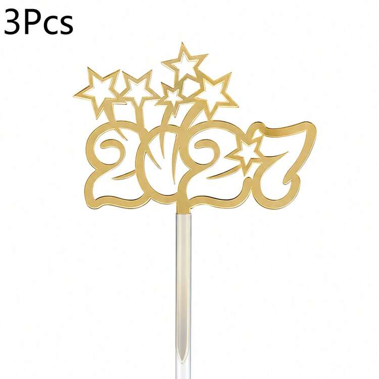 1件/3件/9件 金色 Hello 2027 壓克力蛋糕插牌，新年聖誕派對蛋糕裝飾 - 多色 - 查看 17